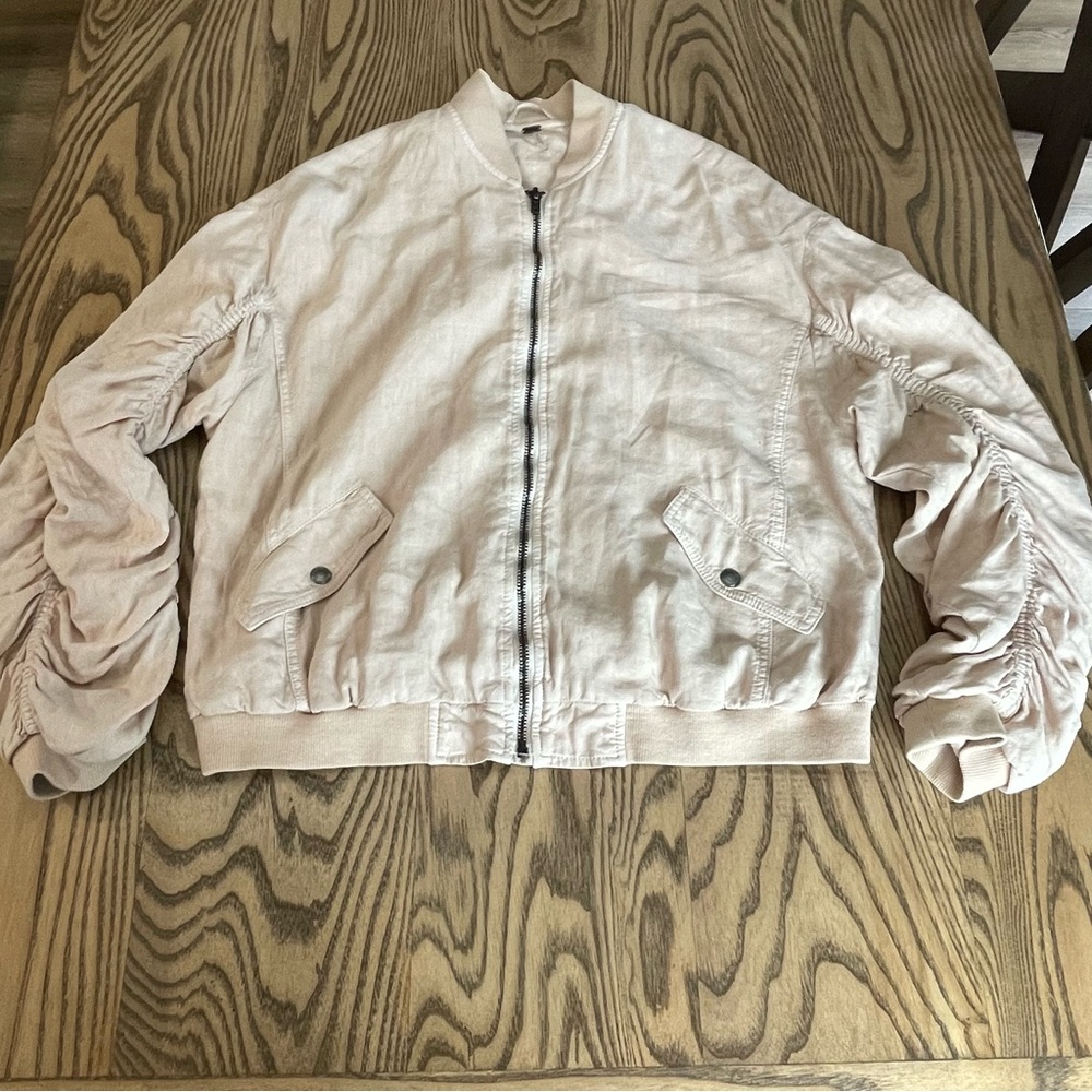 Free People Bomber Jacket Rouched Linen Almond Womens XS